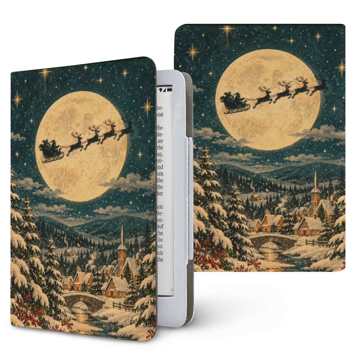 Christmas Eve Sleigh Kindle case — reindeer sleigh flying across a full moon over a snowy pine forest, printed front and back