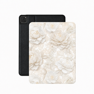 Ivory lace peony iPad case in ivory vegan leather — lace and pearl folio