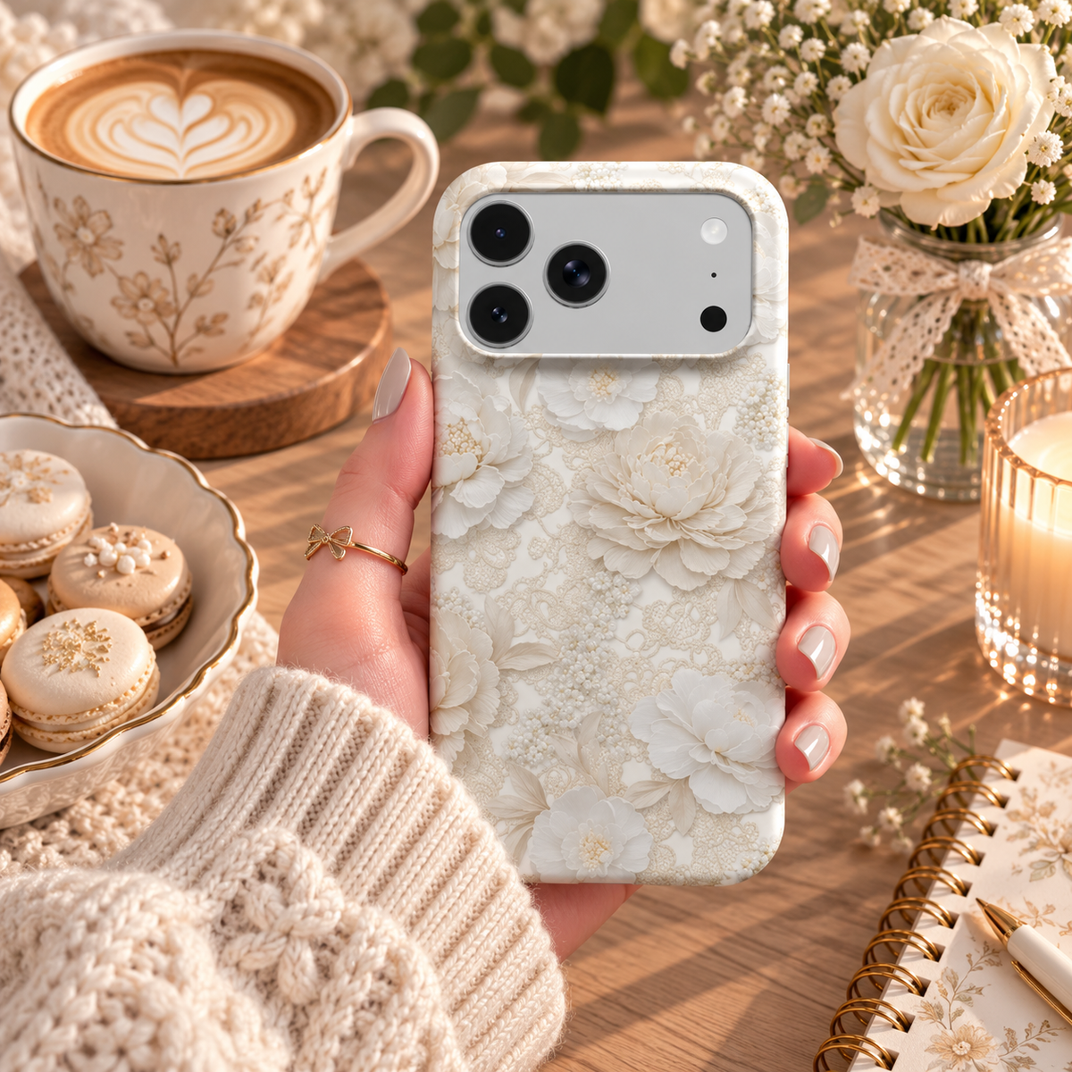 Ivory Lace Peony phone case – MagSafe iPhone case, styled photo