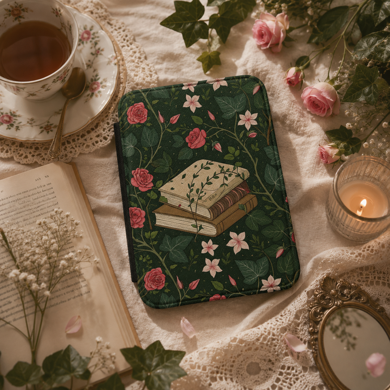 Ivy and Roses Kindle case shown at an angle