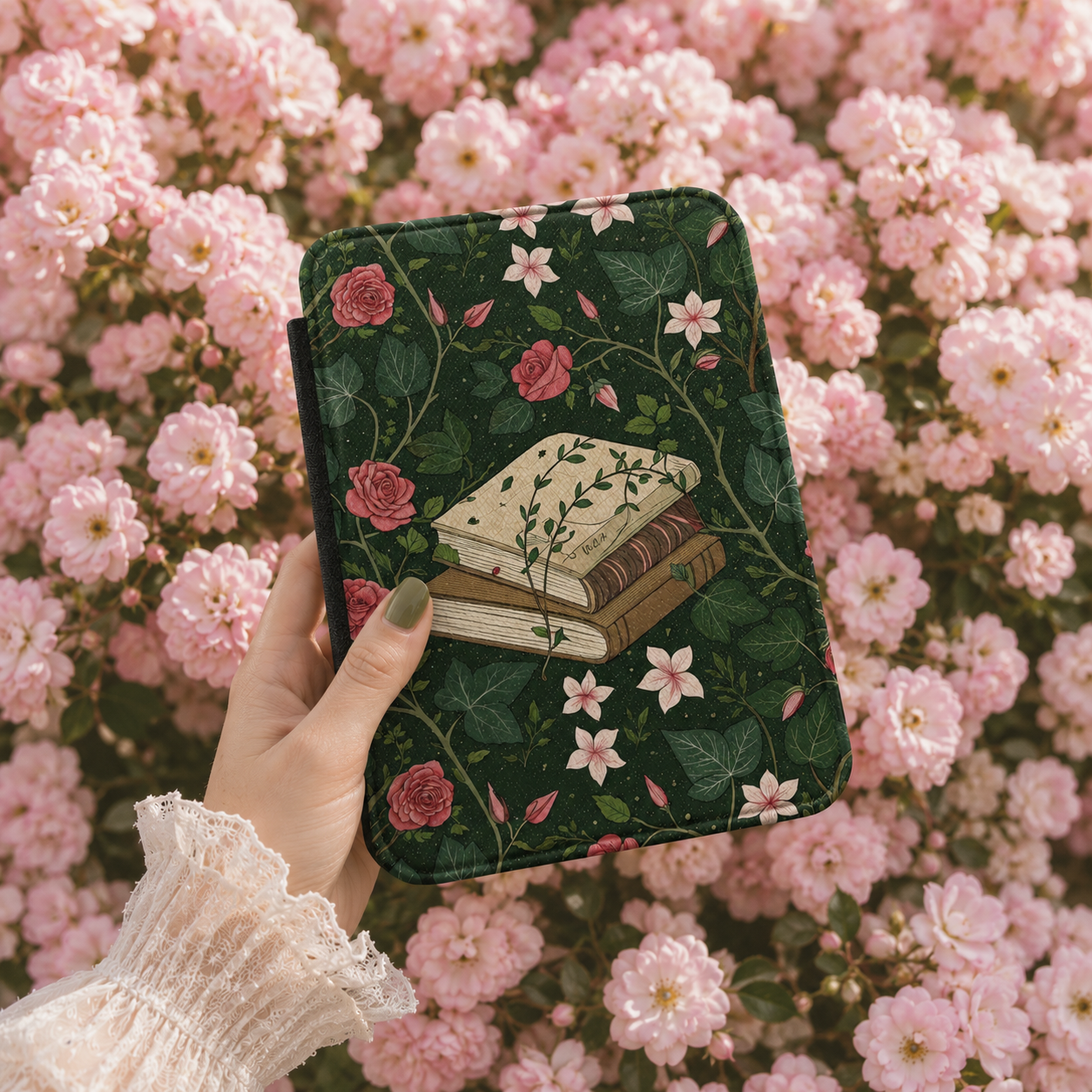 Ivy and Roses Kindle case open showing e-ink Kindle on right interior panel