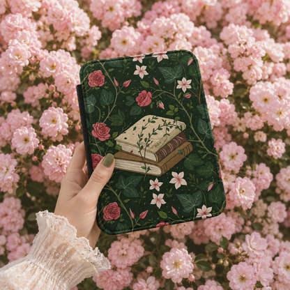 Ivy and Roses Kindle case open showing e-ink Kindle on right interior panel