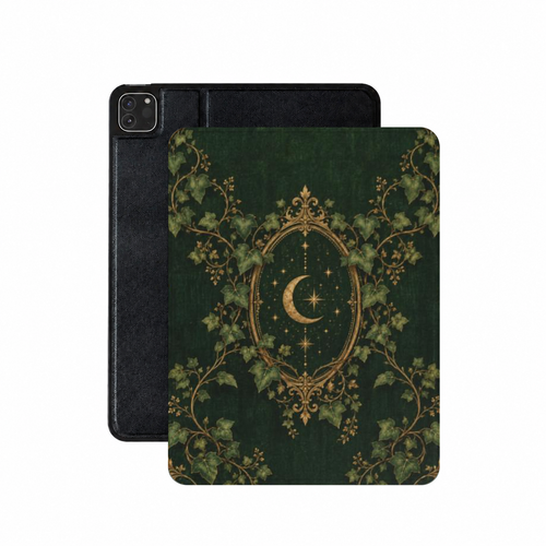Ivy Bound Volume iPad case — gold cartouche and climbing ivy on emerald, shown front and back