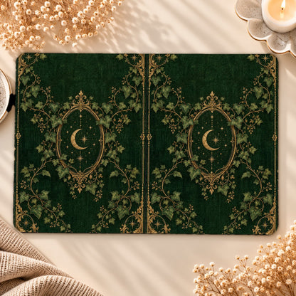 Ivy Bound Volume Kindle case opened flat, front and back — gold cartouche and climbing ivy on emerald