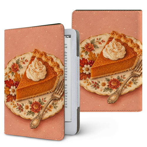 Pumpkin Pie Slice Kindle case — slice of pumpkin pie with whipped cream on a floral plate, printed front and back