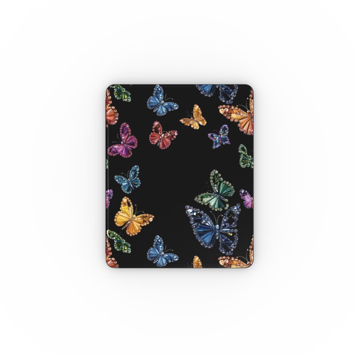 Jeweled butterfly iPad case open, showing the stand fold and interior