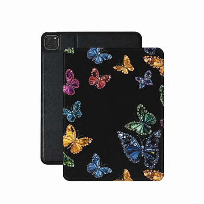 Jeweled butterfly iPad case in black vegan Saffiano leather — gem-cut rhinestone folio