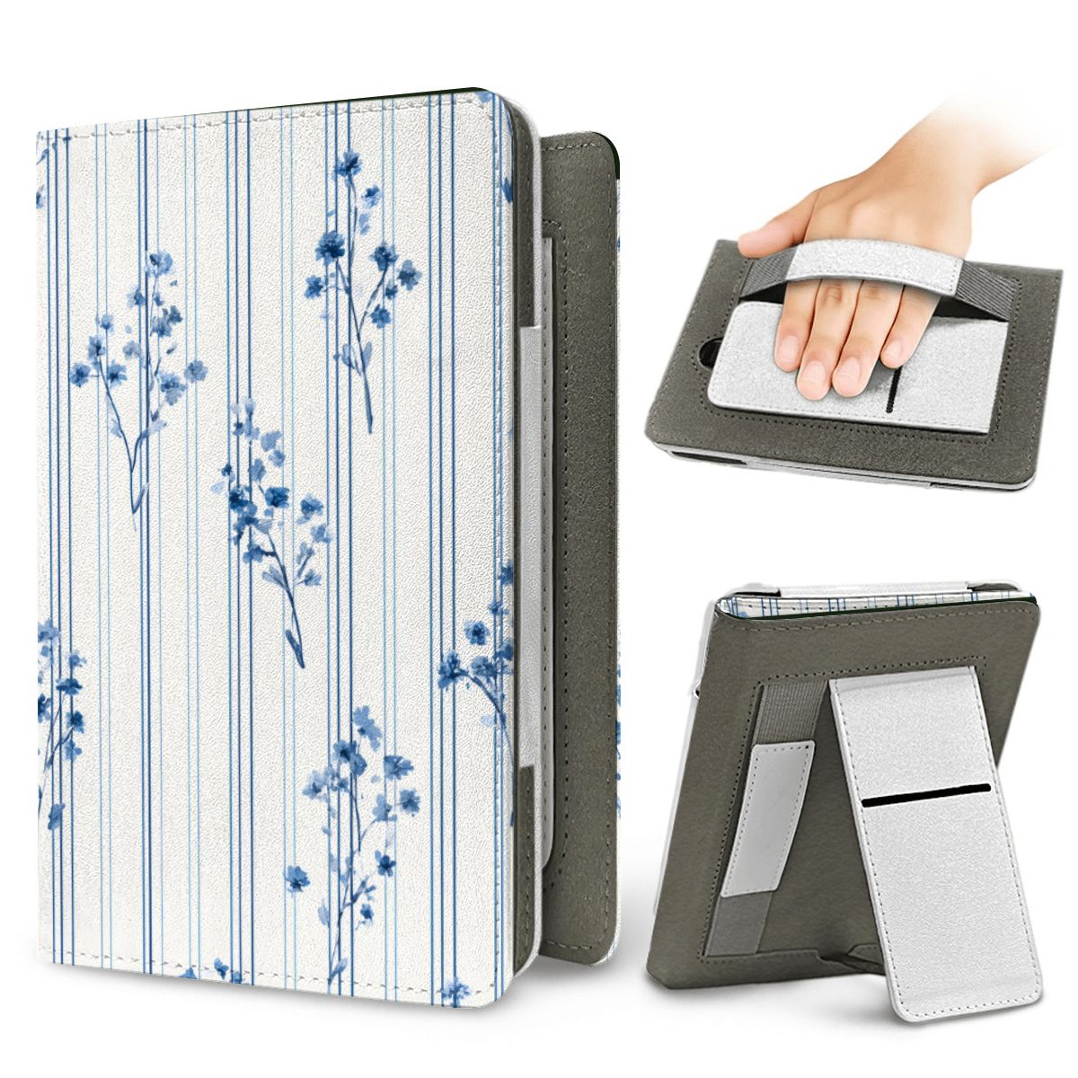 Blue Floral Pinstripe Kindle case — elastic hand strap and fold-out stand on the back