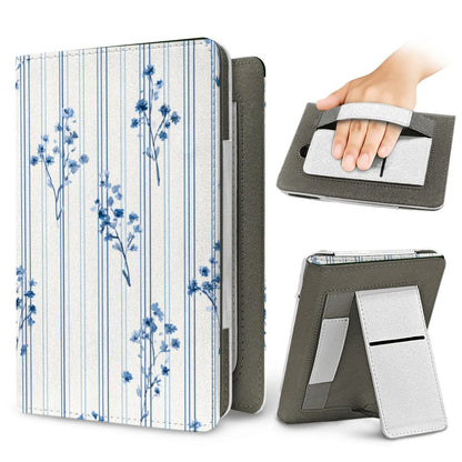 Blue Floral Pinstripe Kindle case — elastic hand strap and fold-out stand on the back