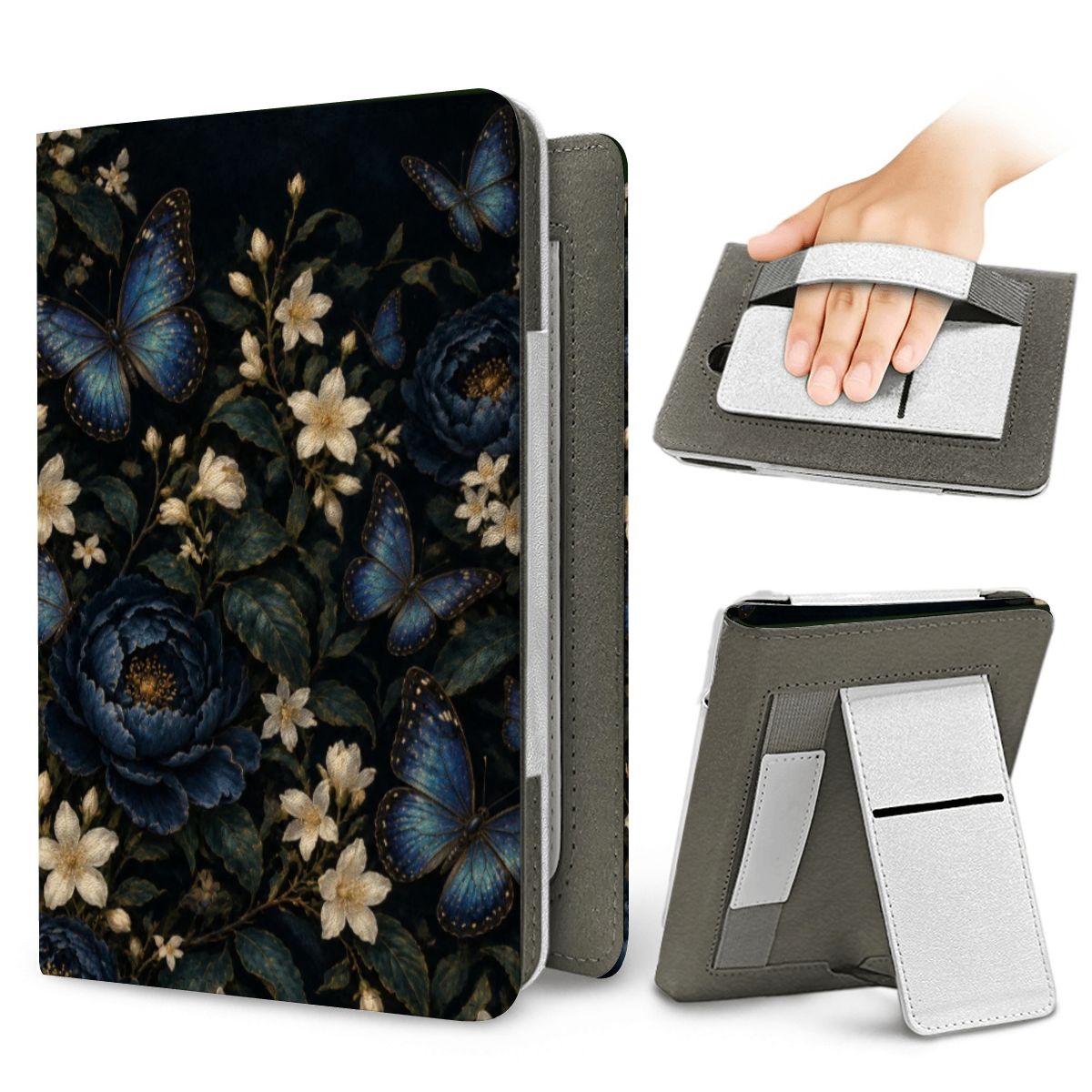 Blue Butterfly Night Garden Kindle case — elastic hand strap and fold-out stand on the back