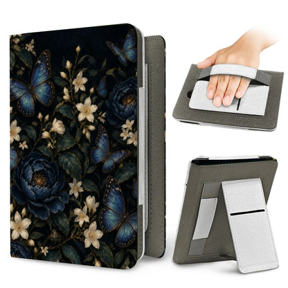 Blue Butterfly Night Garden Kindle case — elastic hand strap and fold-out stand on the back