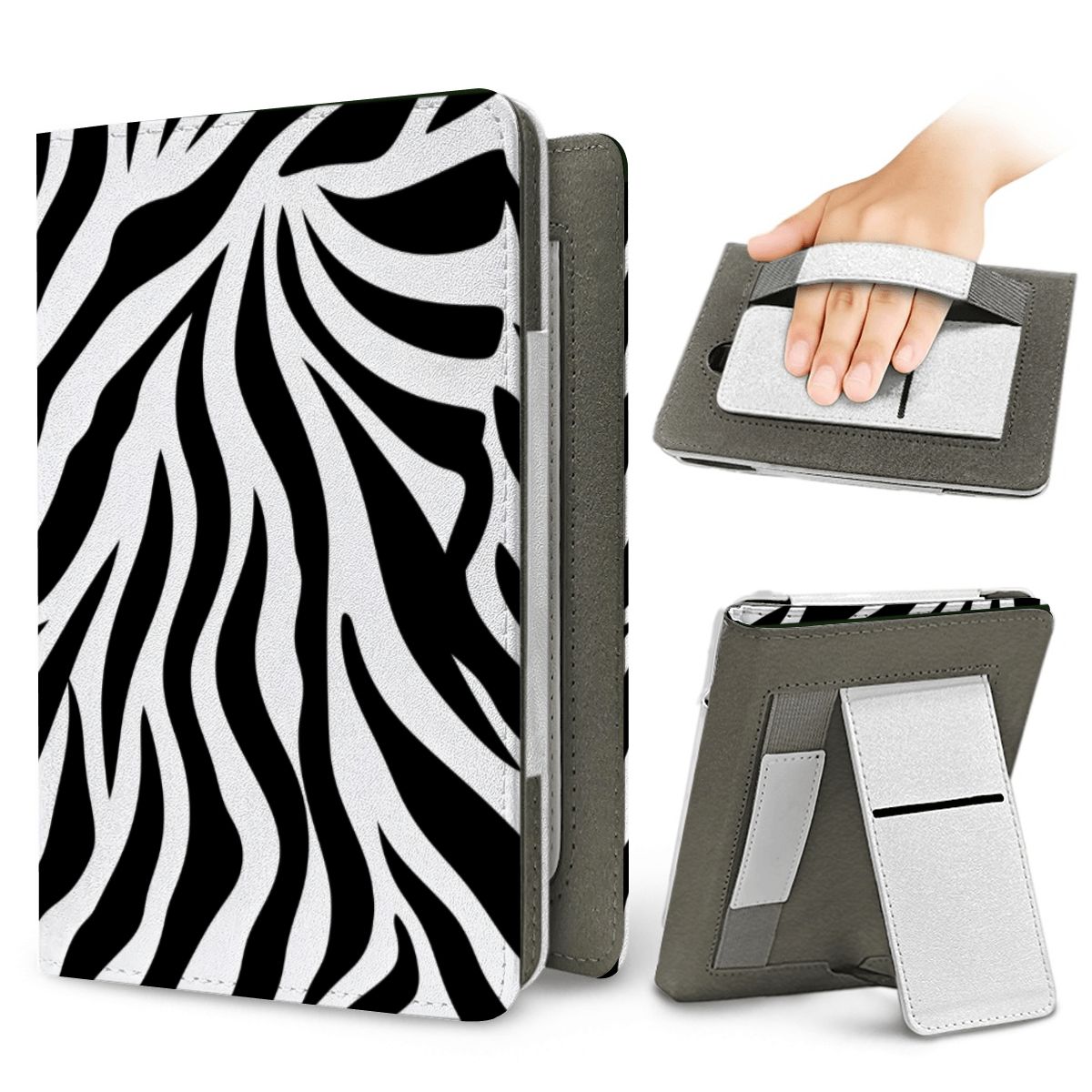 Zebra Stripe Kindle case — elastic hand strap and fold-out stand on the back