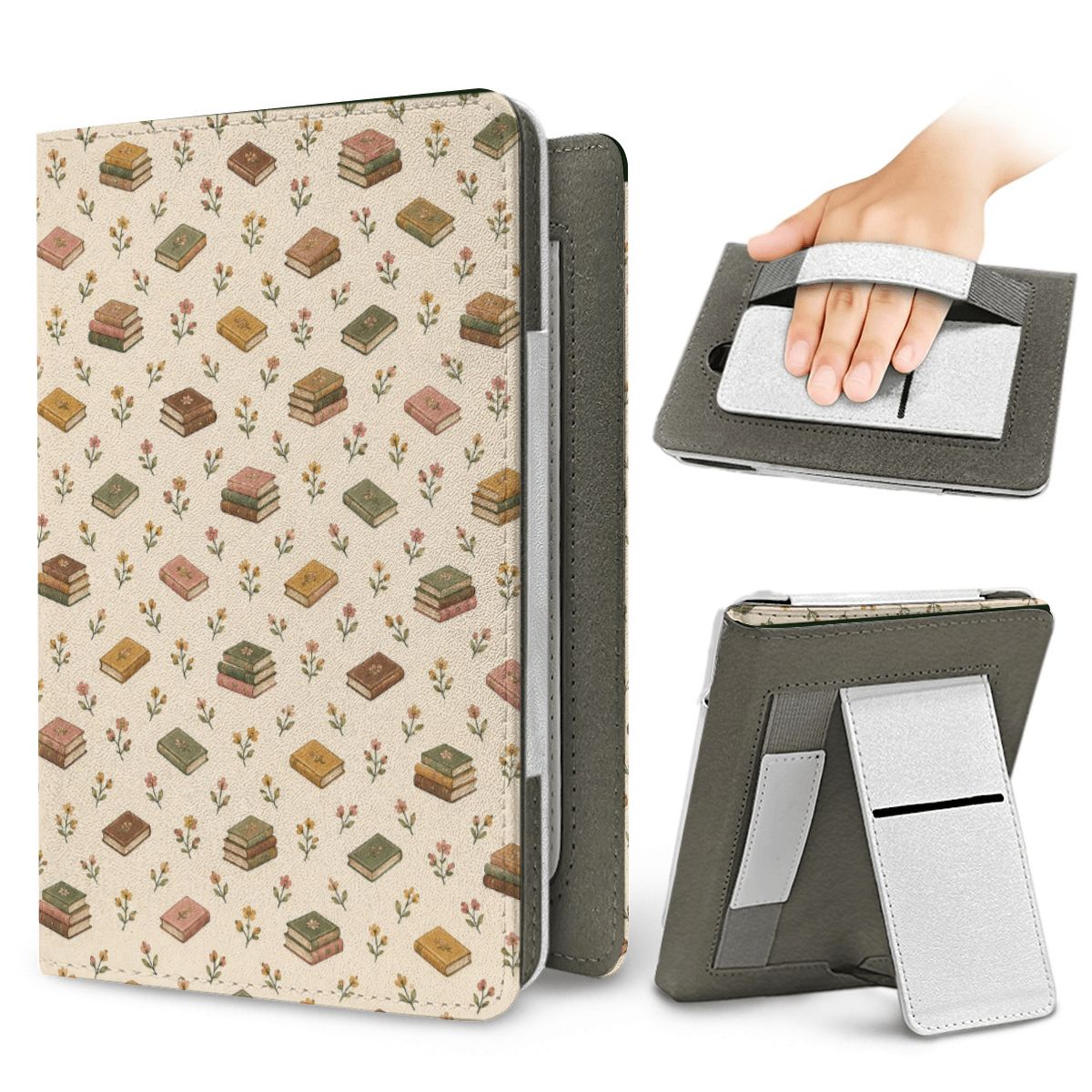 Tiny Books Kindle case — elastic hand strap and fold-out stand on the back