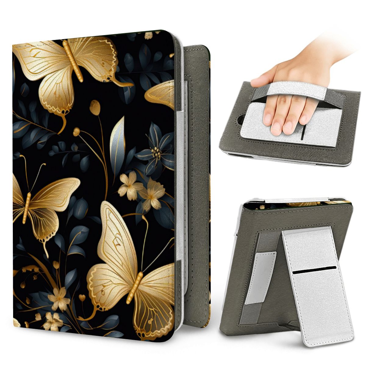 Gilded Butterfly Garden Kindle case — elastic hand strap and fold-out stand on the back