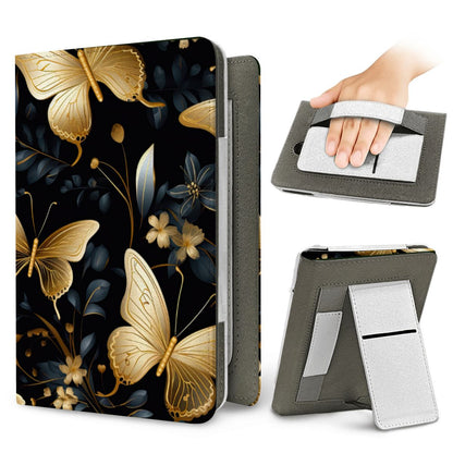 Gilded Butterfly Garden Kindle case — elastic hand strap and fold-out stand on the back