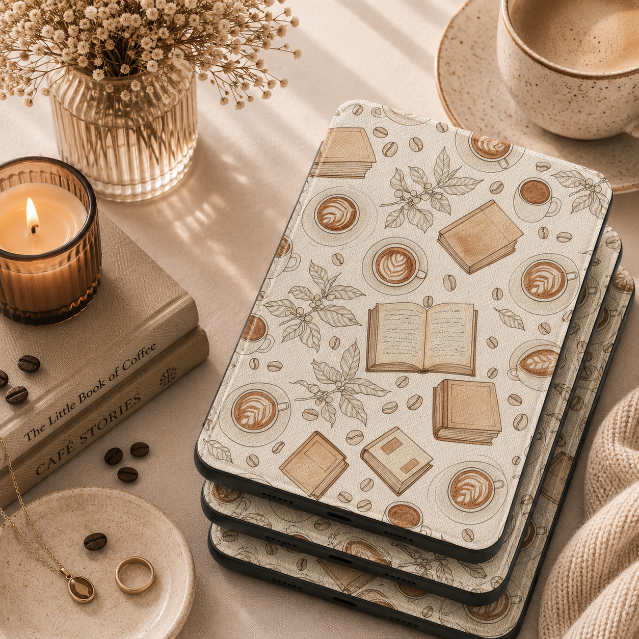 Latte and Books Kindle case shown at an angle