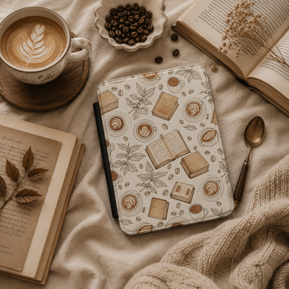 Latte and Books Kindle case front cover — coffee and books print