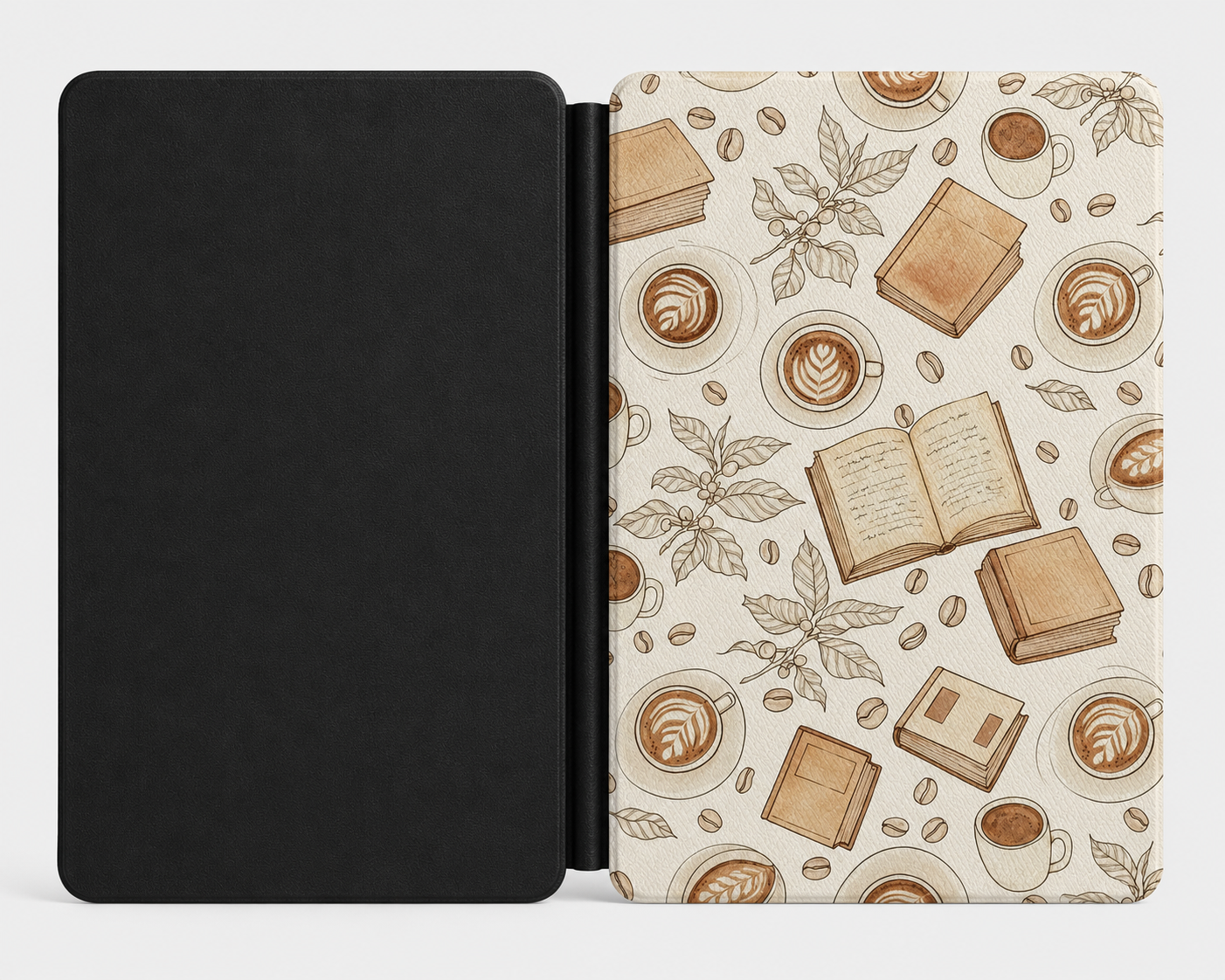 Latte and Books Kindle case open showing e-ink Kindle on right interior panel