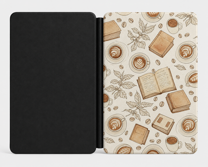 Latte and Books Kindle case open showing e-ink Kindle on right interior panel