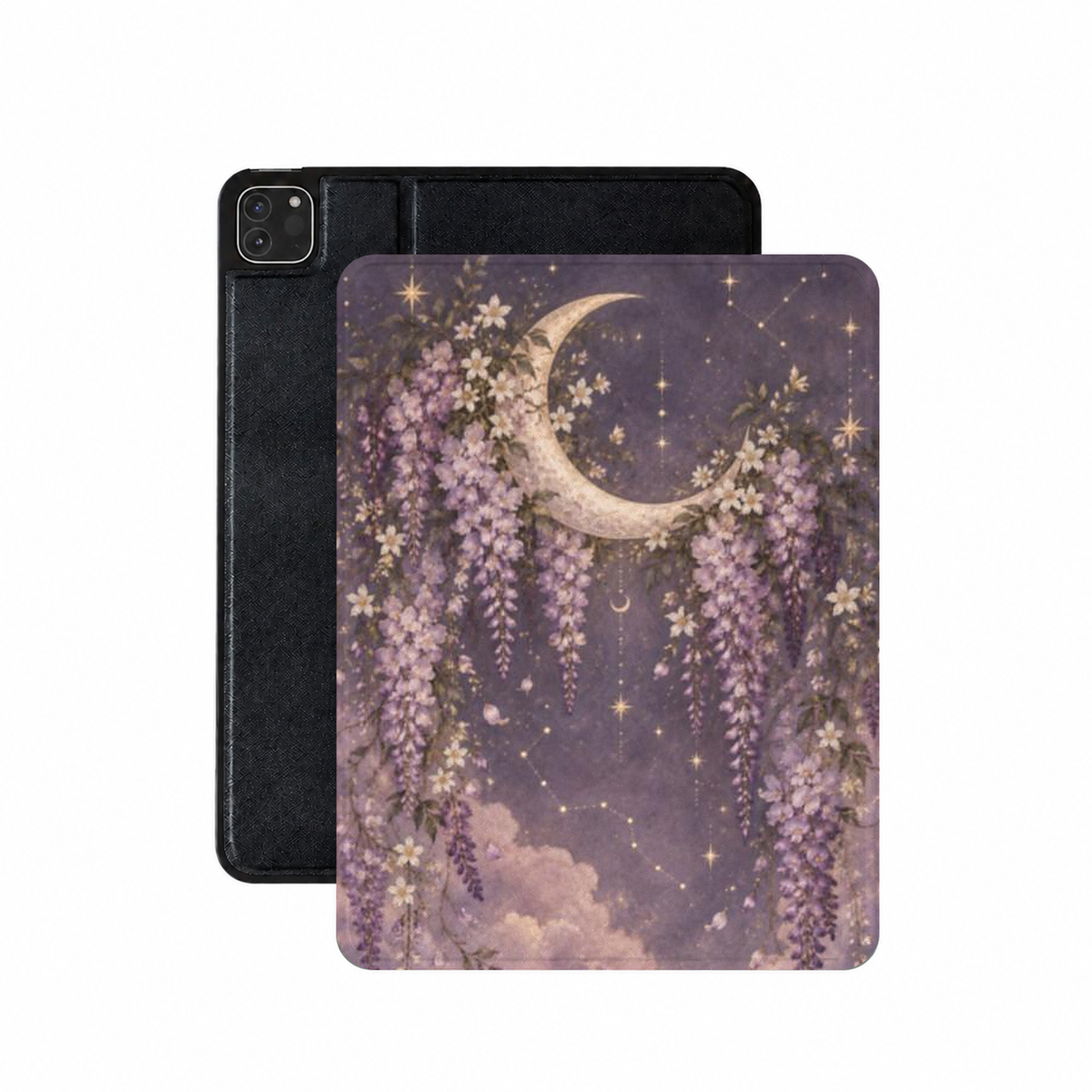 Lavender Moon Garden iPad case — crescent moon and cascading wisteria on lavender, shown front and back