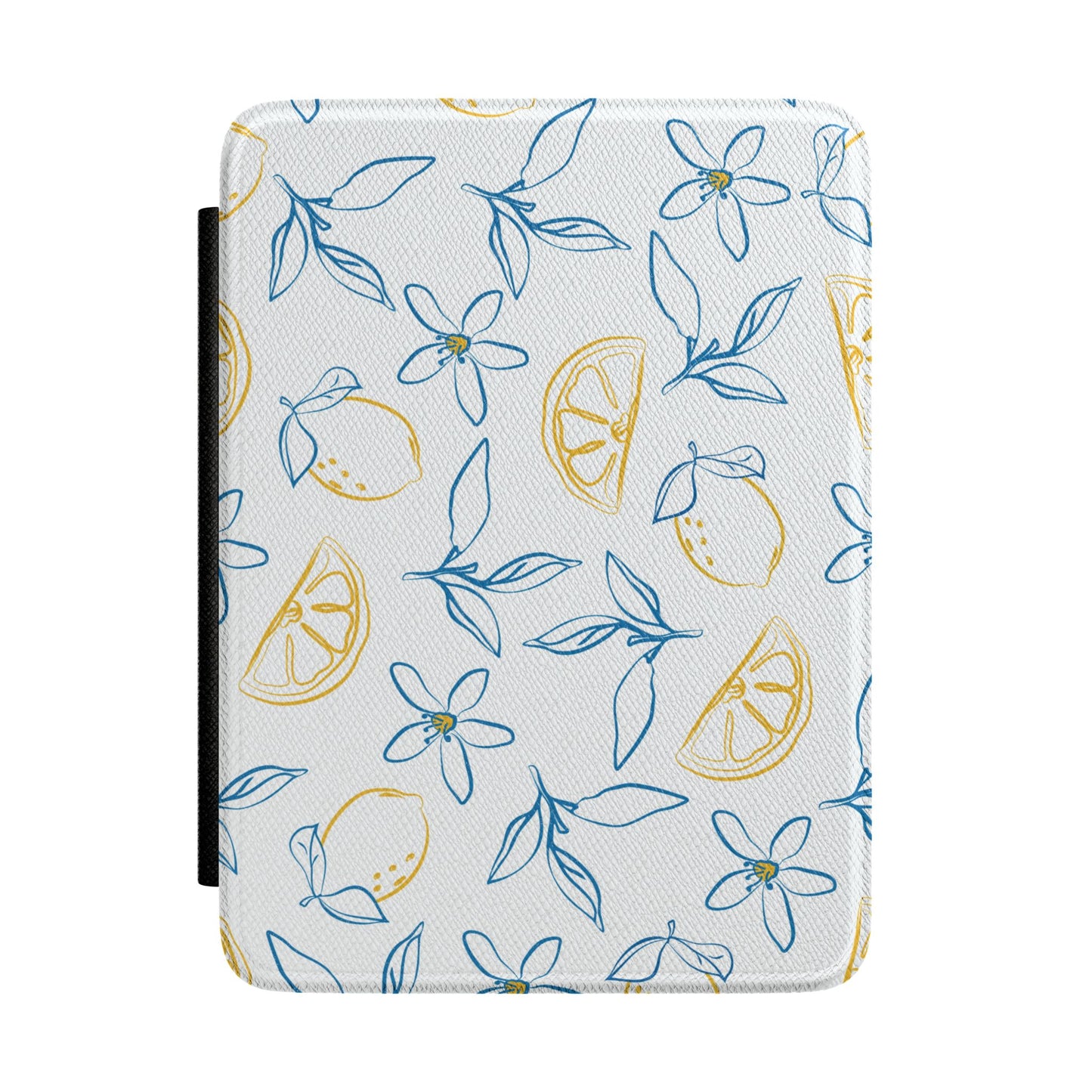 White Kindle Paperwhite case with blue and gold line-art lemons front cover — Jardin Secret Mediterranean gift