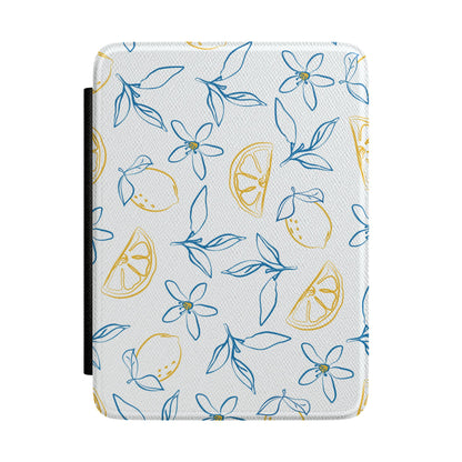 White Kindle Paperwhite case with blue and gold line-art lemons front cover — Jardin Secret Mediterranean gift