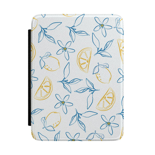 White Kindle Paperwhite case with blue and gold line-art lemons front cover — Jardin Secret Mediterranean gift