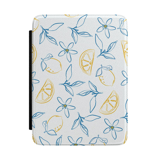 White Kindle Paperwhite case with blue and gold line-art lemons front cover — Jardin Secret Mediterranean gift