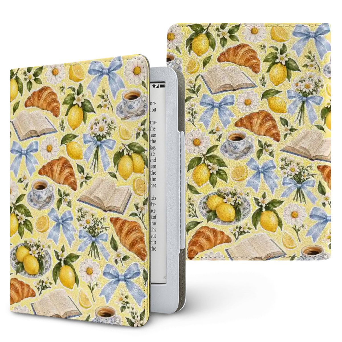 Lemons & Croissants Kindle case — lemons, croissants, espresso cups and blue bows on yellow, printed front and back