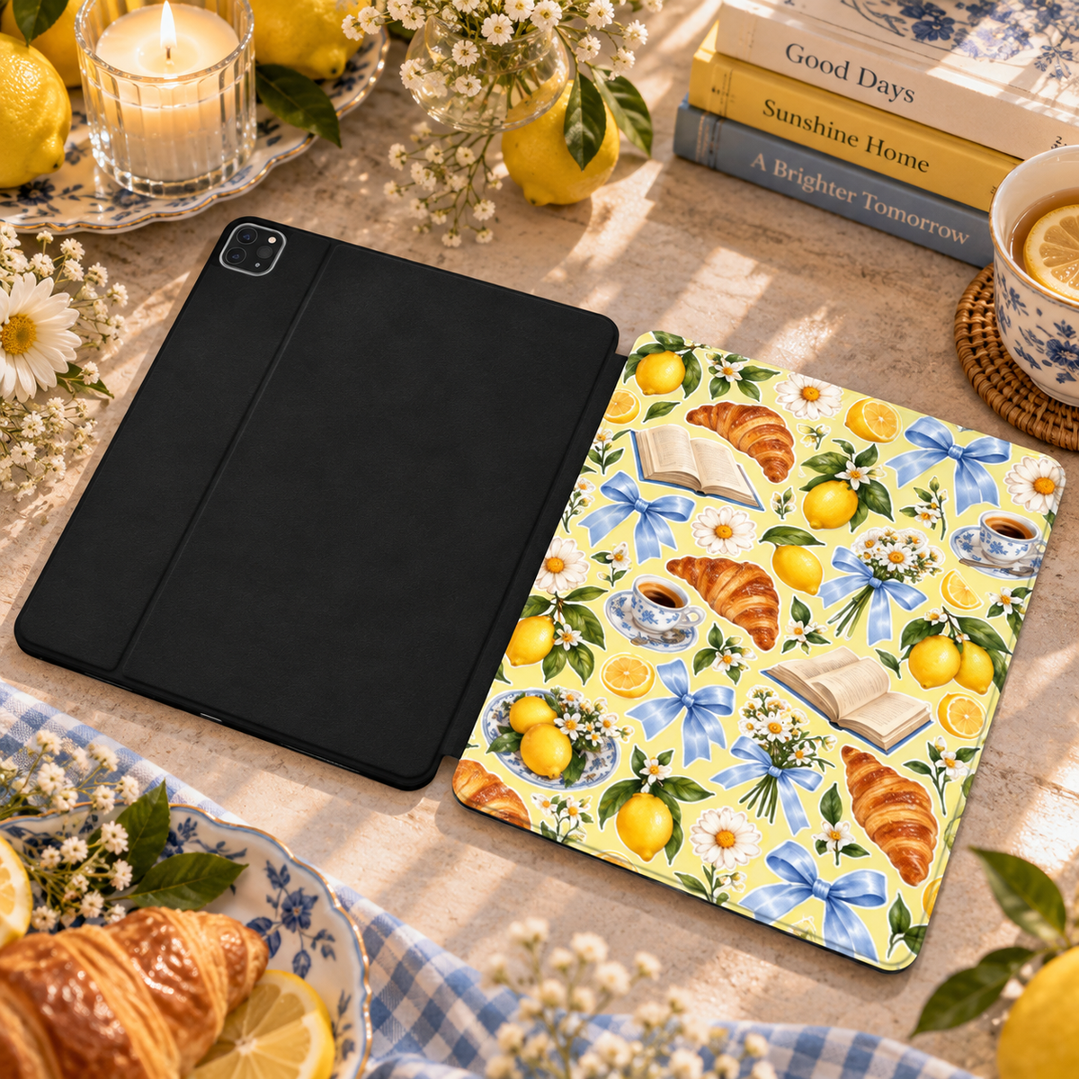 Lemons & Croissants iPad case shown front and back — printed front cover, plain black back