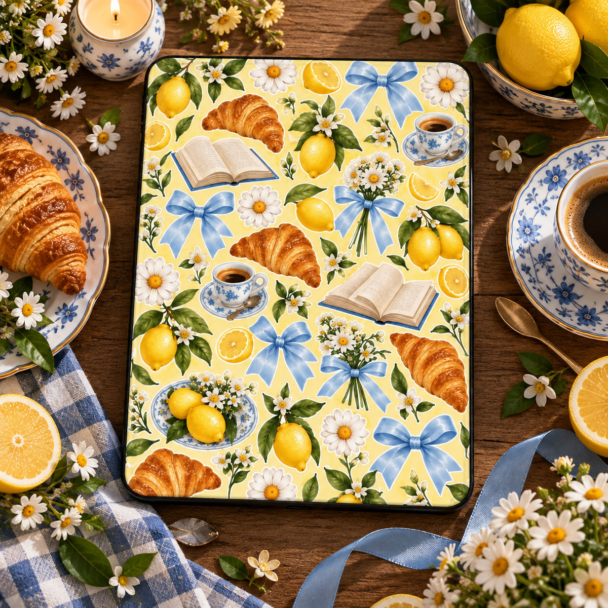 Lemons & Croissants iPad case styled with croissants, lemons, coffee and daisies