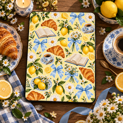 Lemons & Croissants iPad case styled with croissants, lemons, coffee and daisies