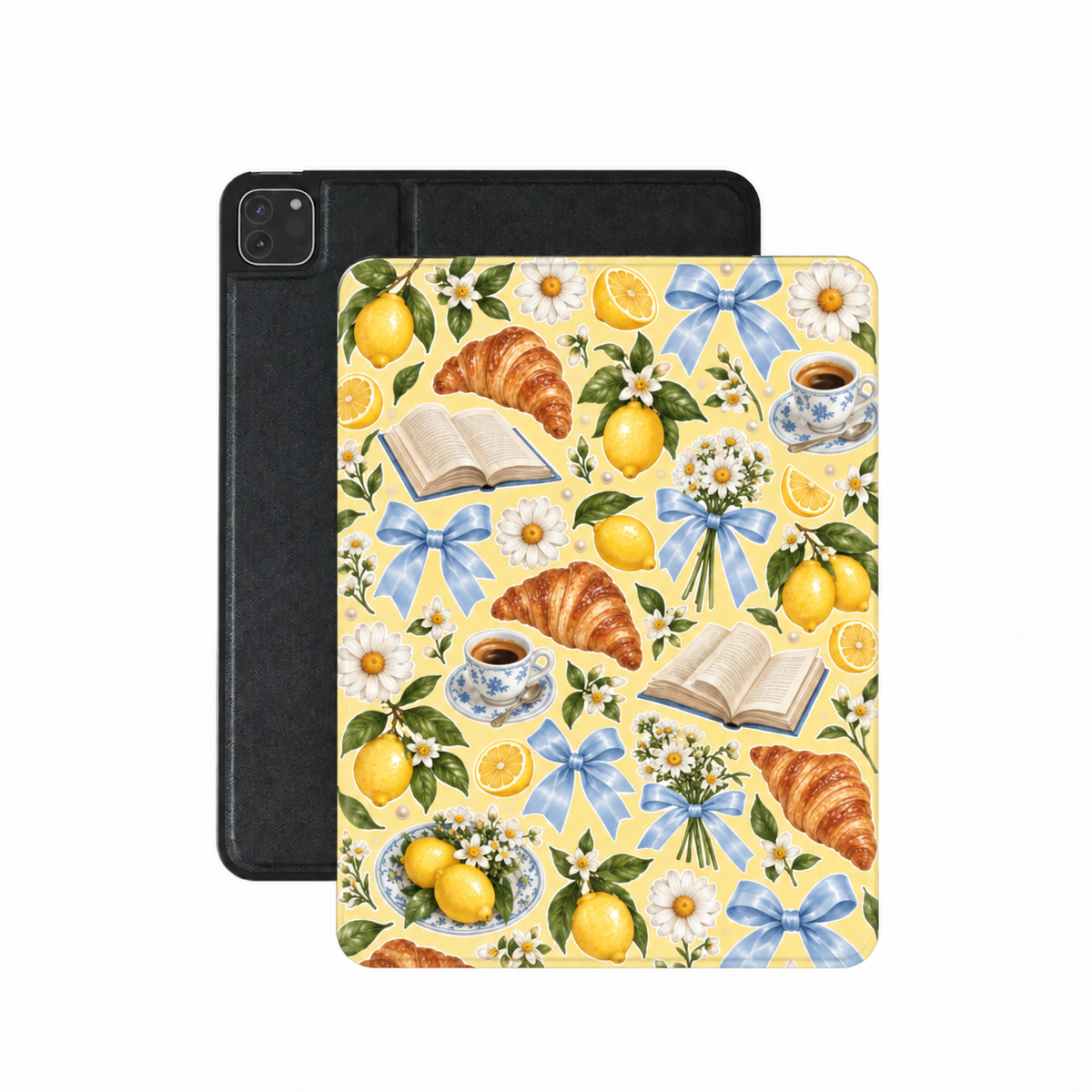 Lemons & Croissants iPad case — lemons, croissants, books and blue bows on butter yellow