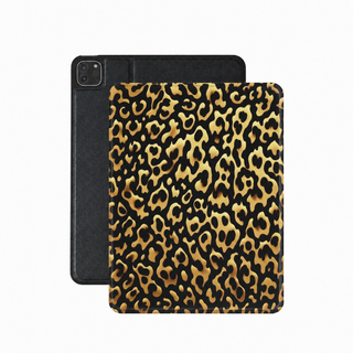 Leopard fur iPad case in tan and black vegan Saffiano leather — photographic leopard print