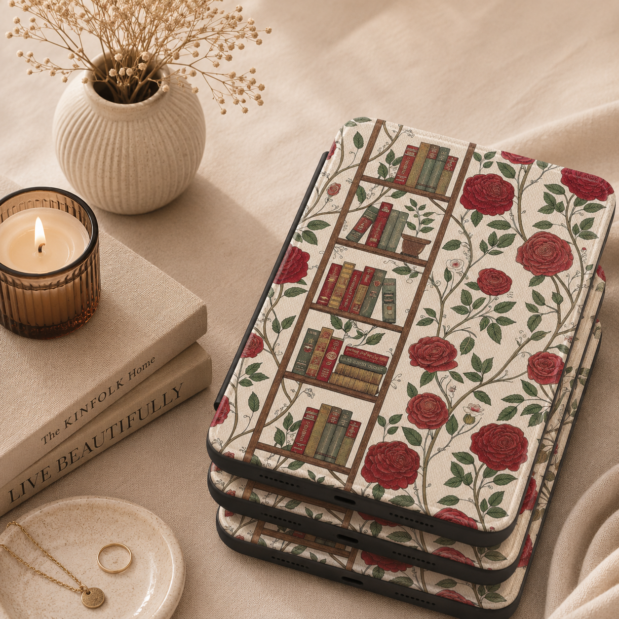 Library and Roses Kindle case shown at an angle