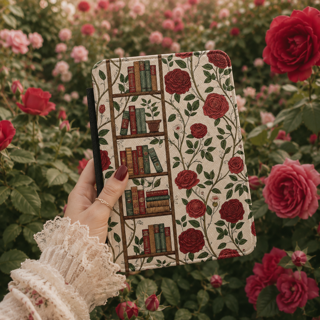 Close-up of Library and Roses Saffiano Kindle case