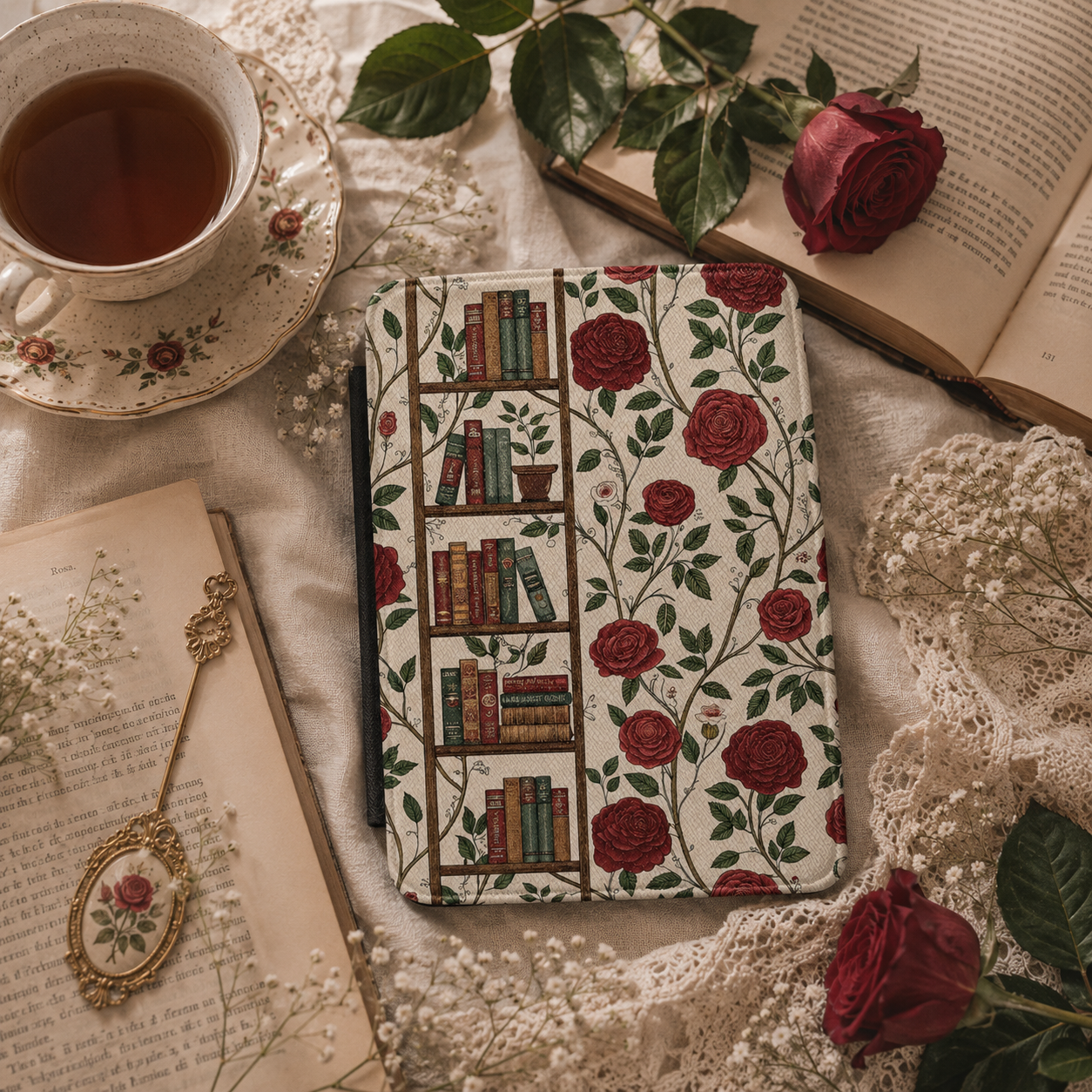 Library and Roses Kindle case front cover — library and floral print