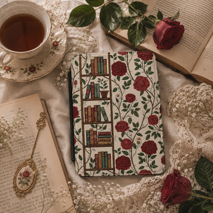 Library and Roses Kindle case front cover — library and floral print