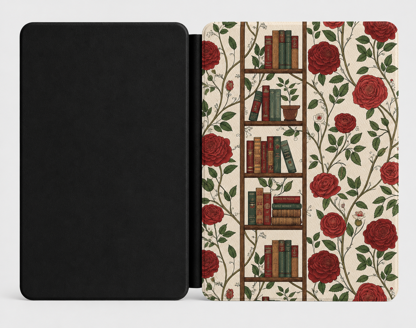 Library and Roses Kindle case open showing e-ink Kindle on right interior panel