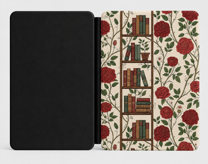 Library and Roses Kindle case open showing e-ink Kindle on right interior panel