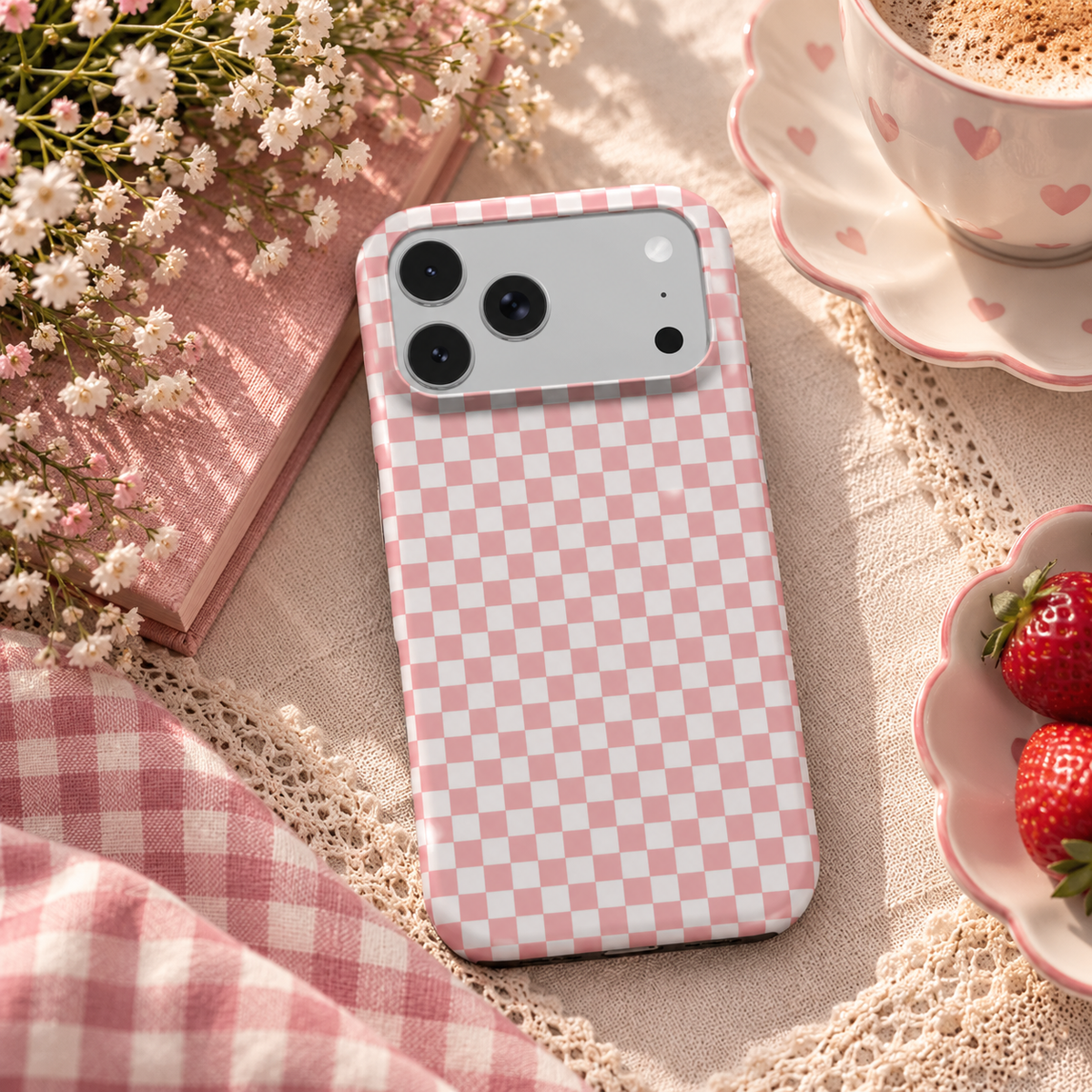 Blush Check phone case – MagSafe iPhone case, lifestyle photo