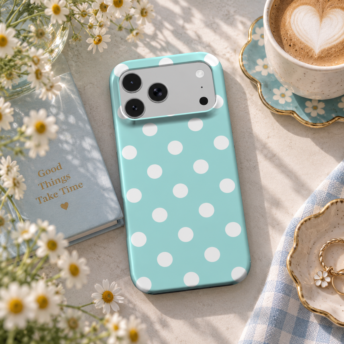 Aqua Polka Dot phone case – MagSafe iPhone case, lifestyle photo
