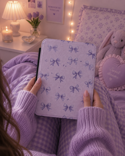Lilac bow print Kindle case front cover close-up — Coquette Reader ribbon design