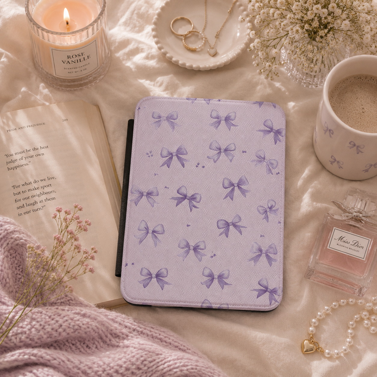 Lilac bow Kindle case open showing black interior — Coquette Reader ribbon print