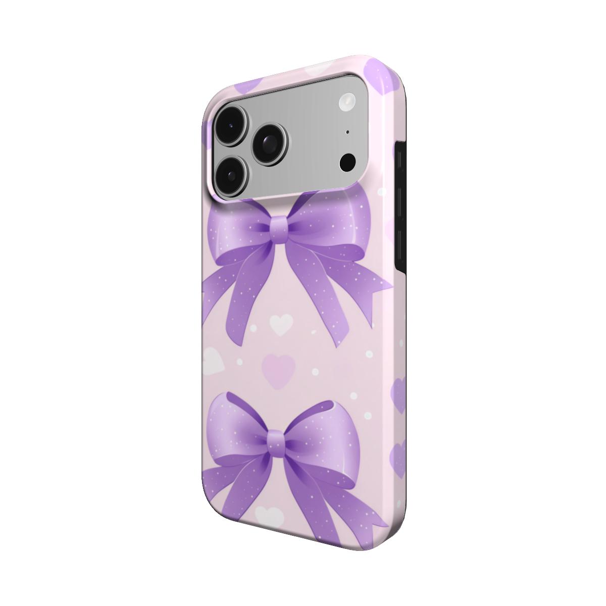Lilac Bows & Hearts phone case – MagSafe iPhone case, angled view