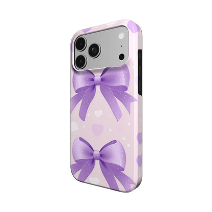 Lilac Bows & Hearts phone case – MagSafe iPhone case, angled view