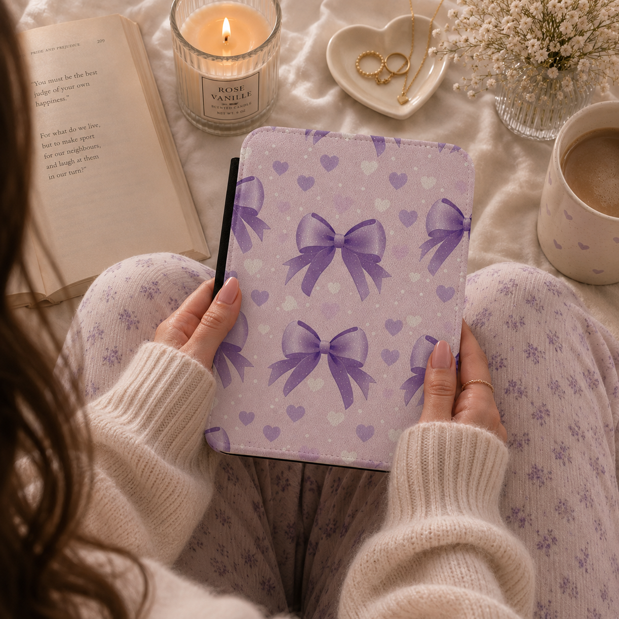 Lilac bows and hearts Kindle case front cover close-up — Coquette Reader print