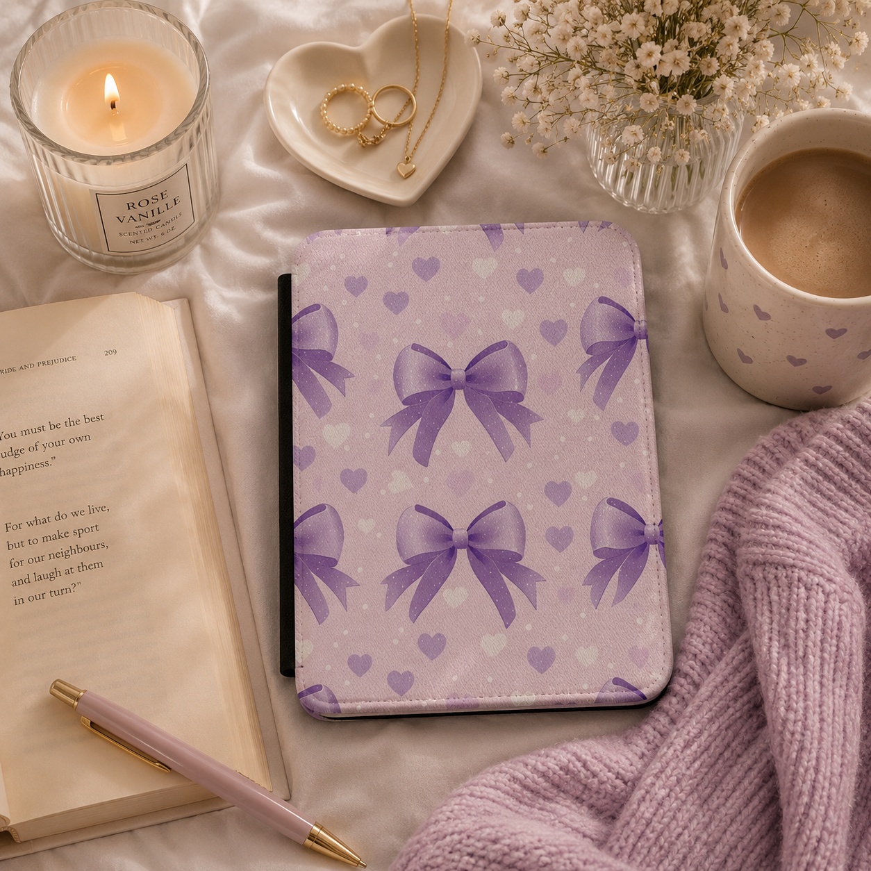 Lilac bows and hearts Kindle case open showing black interior — Coquette Reader