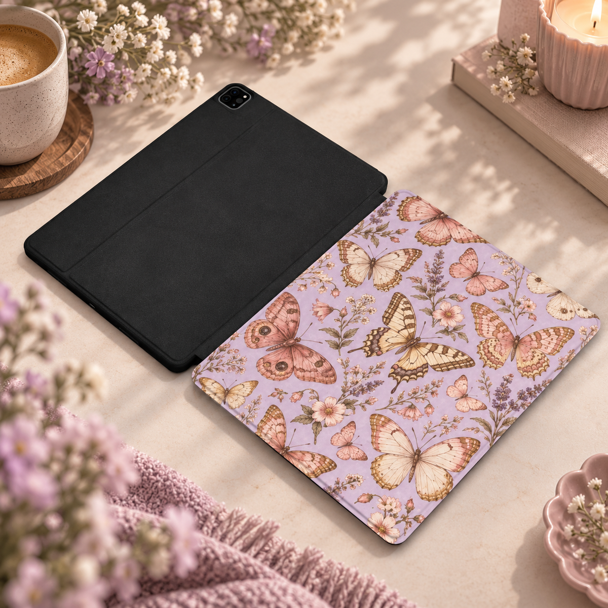 Lilac Butterfly iPad case shown front and back — printed front cover, plain black back