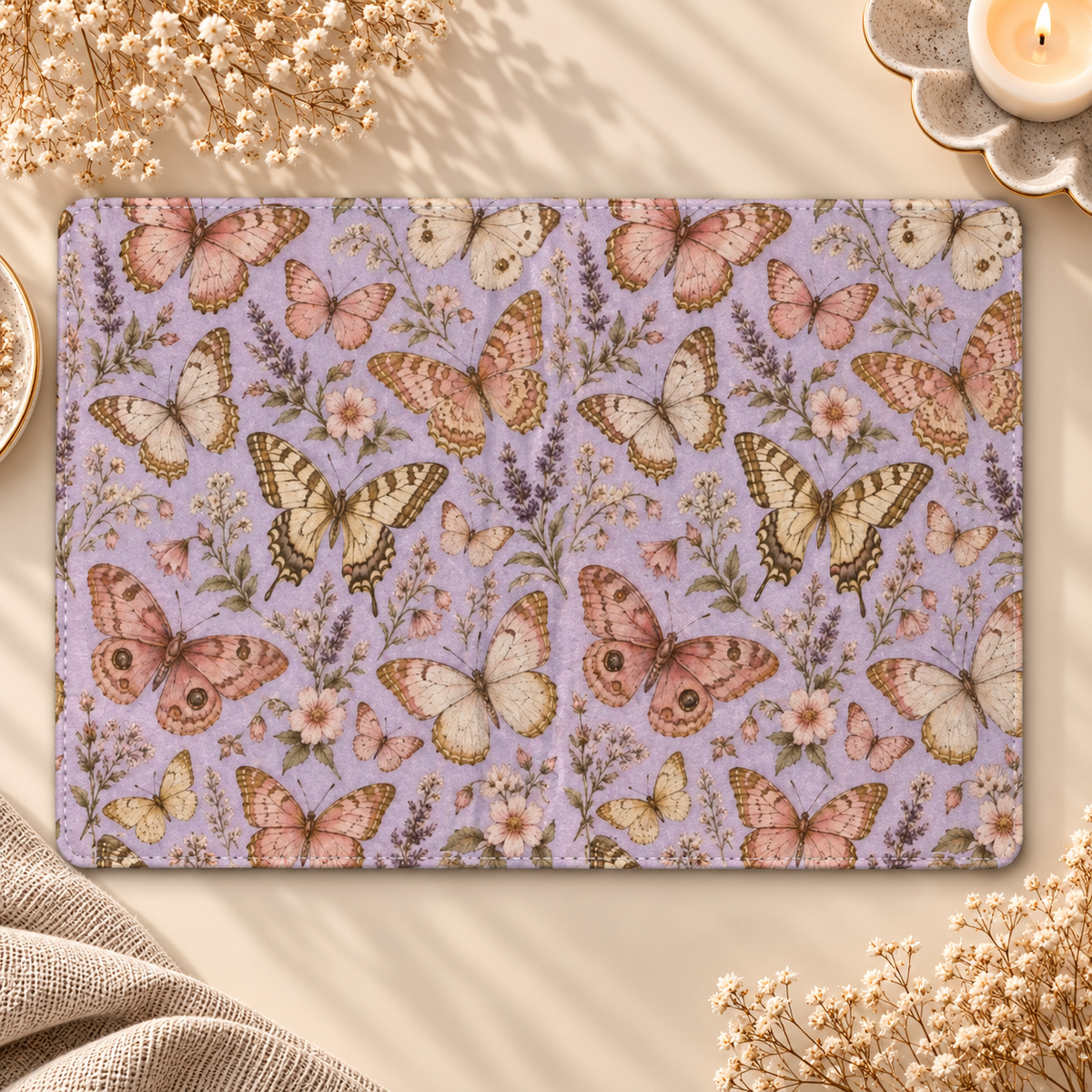 Lilac Butterfly Kindle case opened flat, front and back — butterflies, lavender and wildflowers on lilac